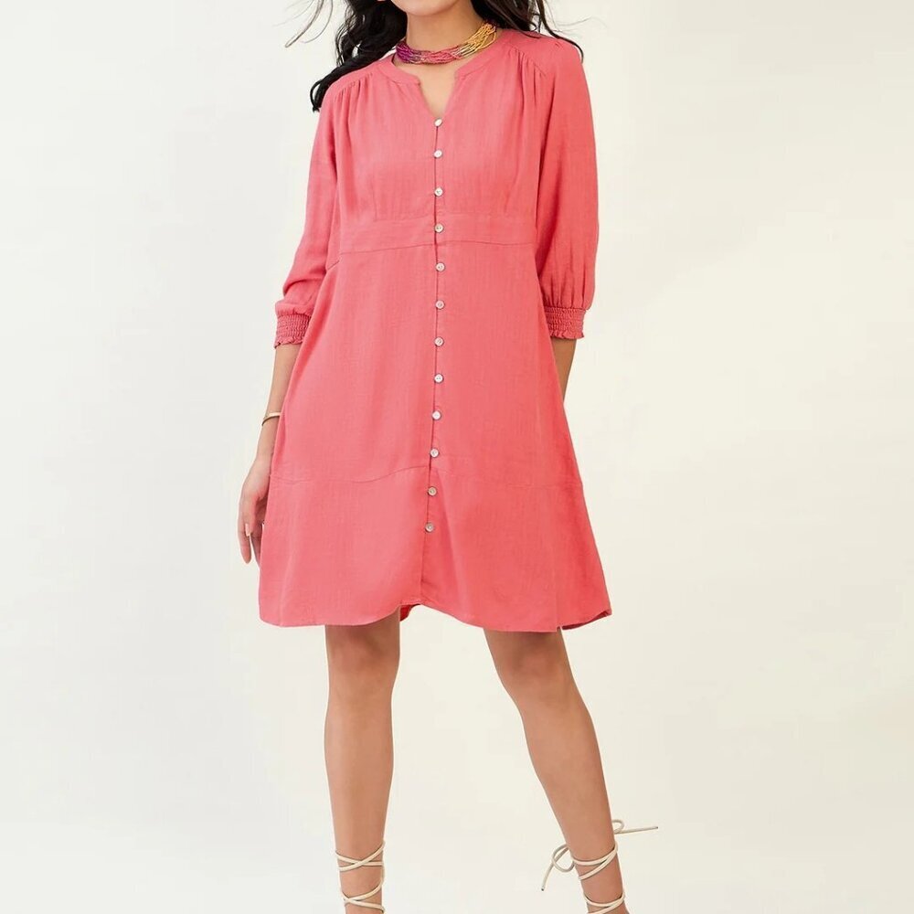 Y J. Jill Linen Smocked Sleeve Coral Button Up Midi Dress